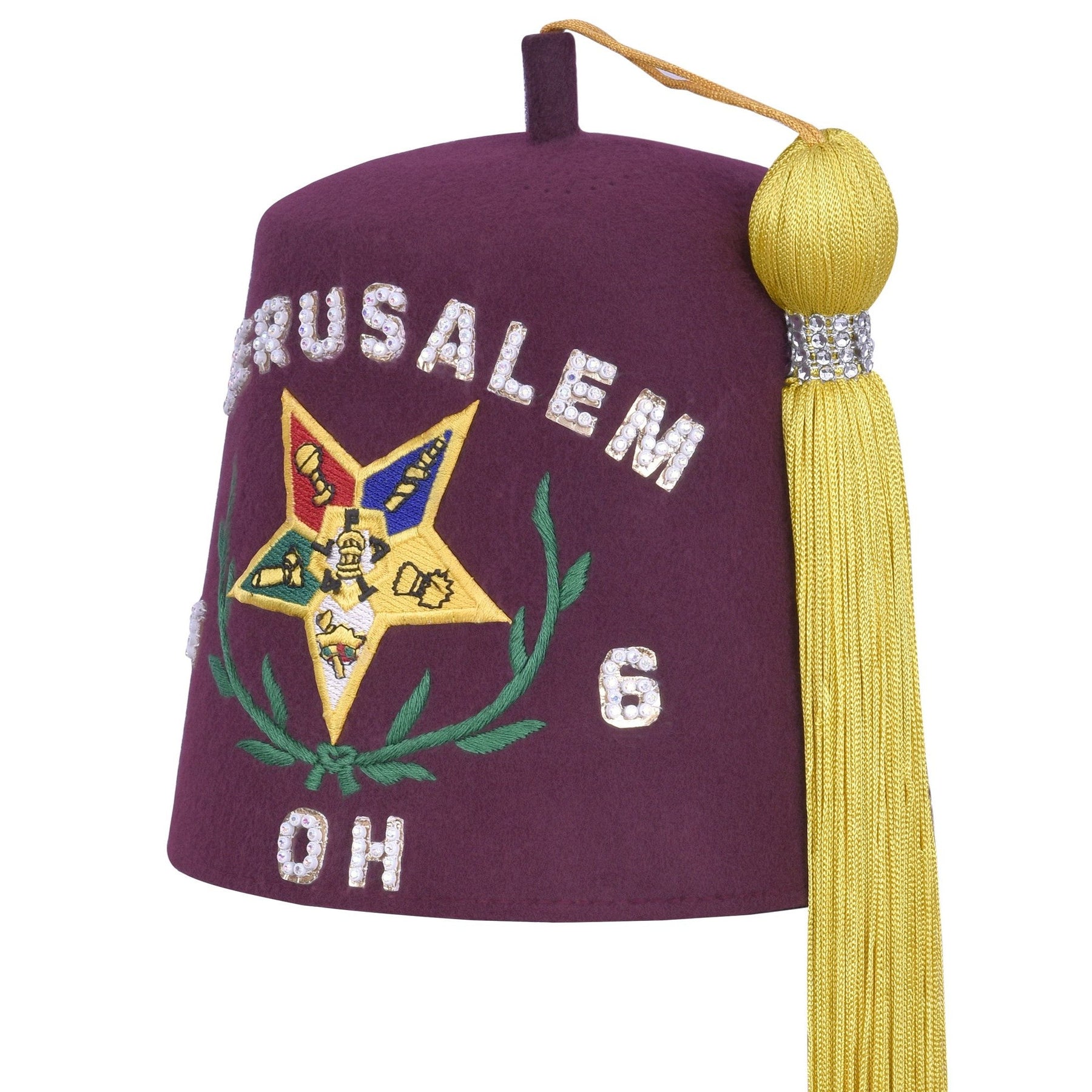 Order of The Amaranth Fez Hat - Star With Green Wreath & Rhinestones