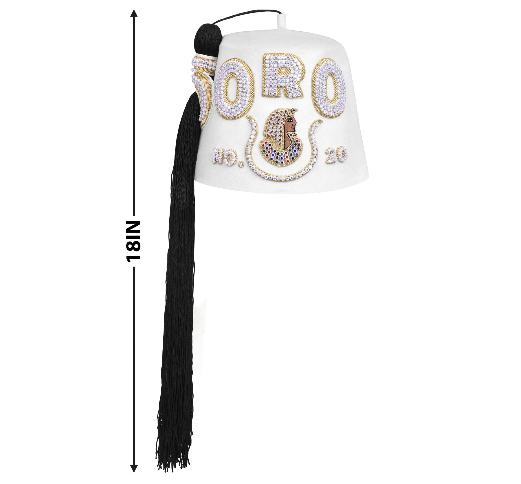 DOI Fez Hat - Pure White & Gold With Rhinestones (3 Rows as pictured) - Bricks Masons