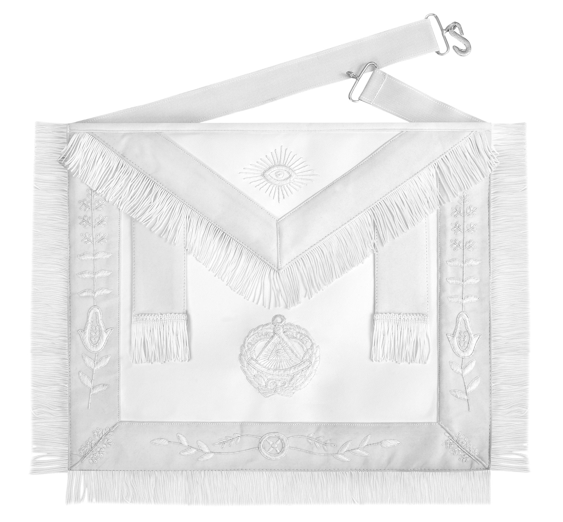Past Grand Master Blue Lodge Apron - White Bullion Embroidery With Fringe - Bricks Masons