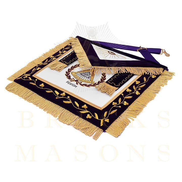 Past District Deputy Grand Master Blue Lodge Apron - Purple Velvet Golden Bullion With Wreath & Fringe - Bricks Masons