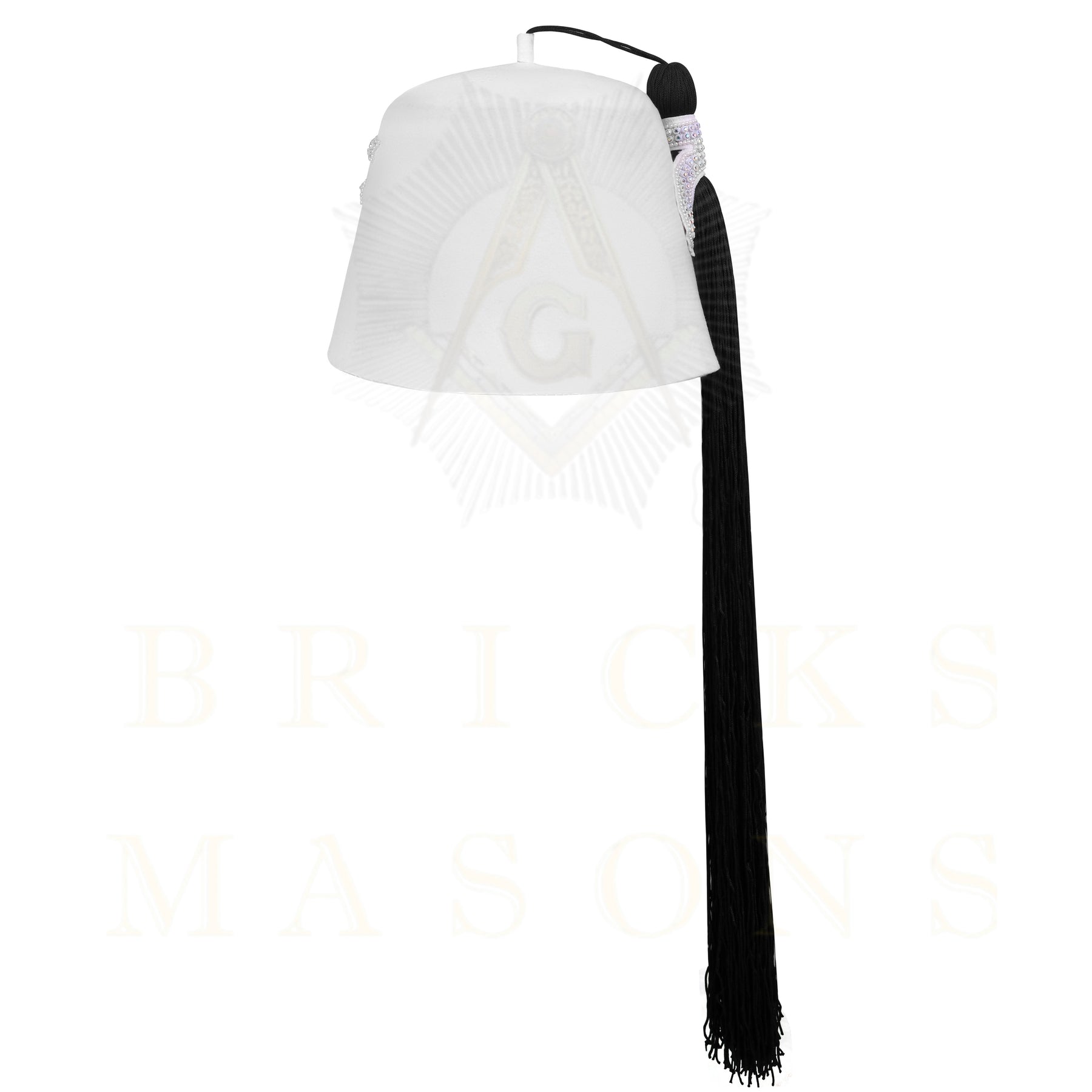 DOI Fez Hat - Pure White With Rhinestones (2 Rows as pictured) - Bricks Masons
