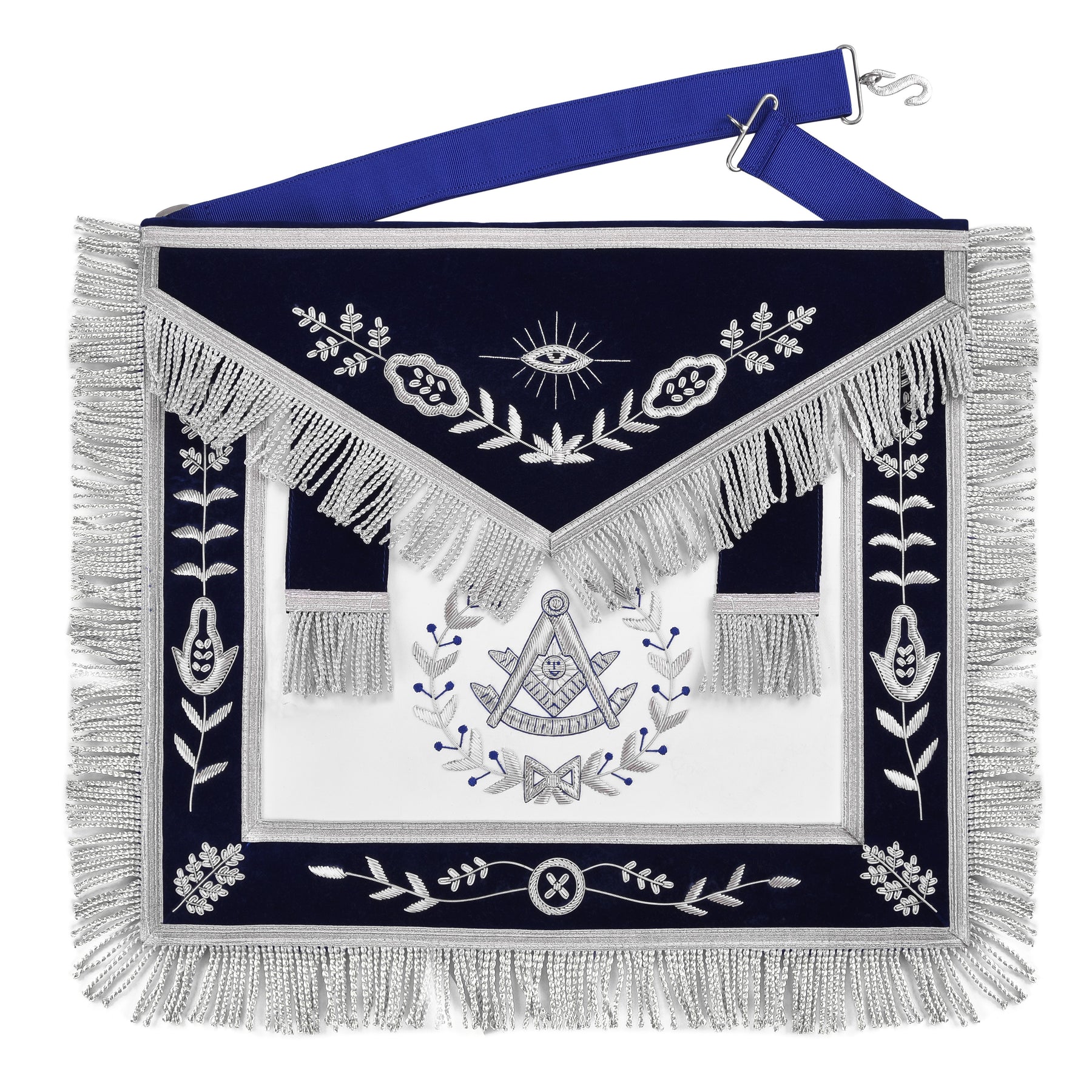 Past Master Blue Lodge California Regulation Apron - Royal Blue Velvet Silver Bullion With Wreath & Fringe