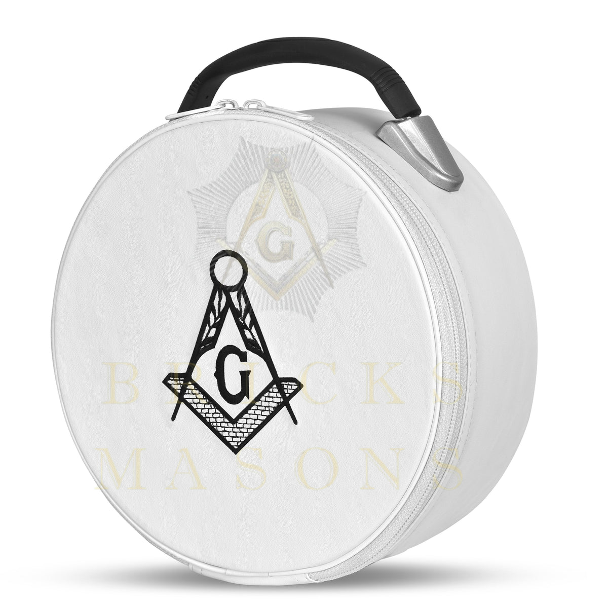Master Mason Blue Lodge Crown Cap Case - White Imitation Leather With Hand Embroidery Bullion - Bricks Masons