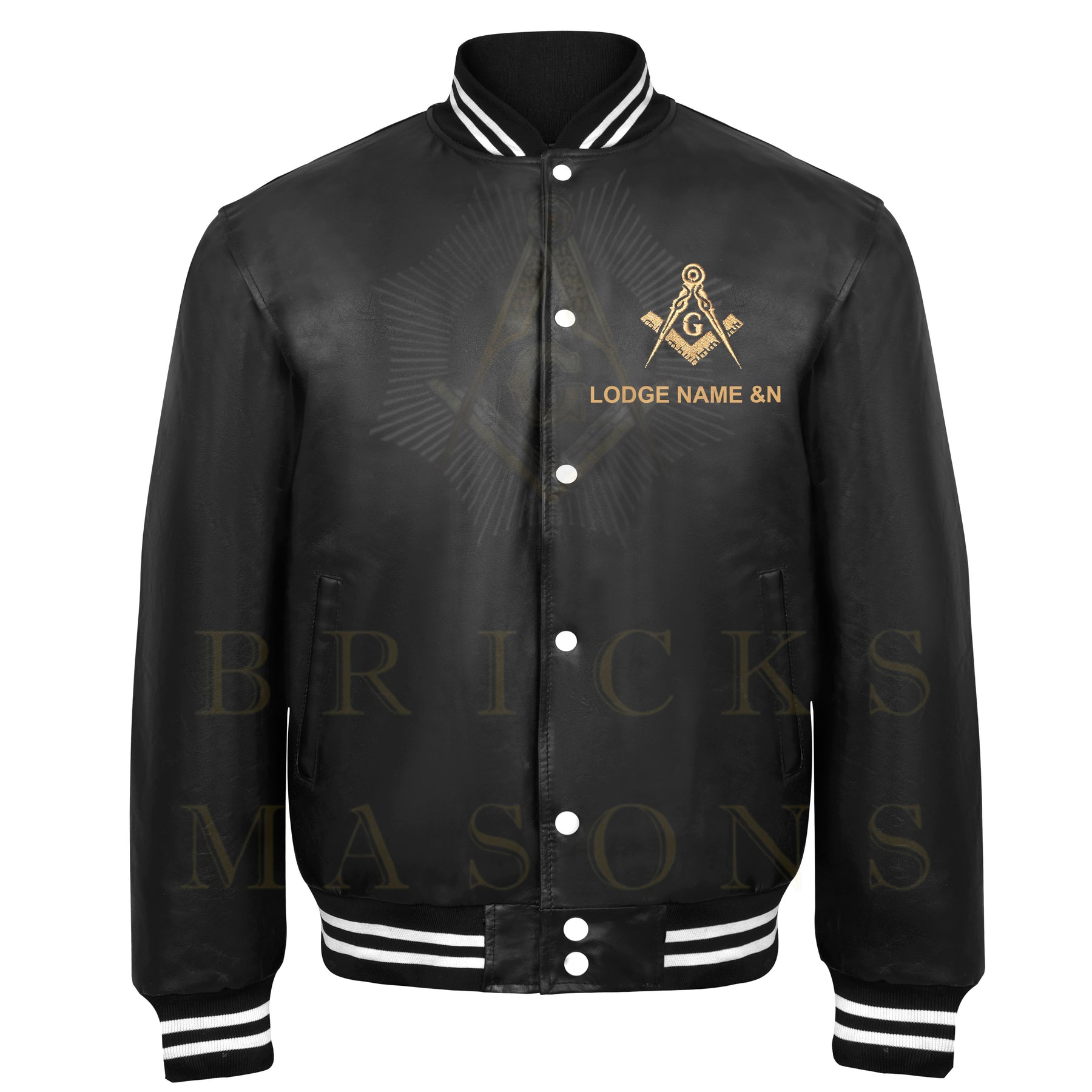 Master Mason Blue Lodge Jacket - Black Leather With Customizable Gold Embroidery - Bricks Masons