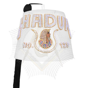 DOI Fez Hat - Pure White & Gold With Rhinestones (3 Rows as pictured) - Bricks Masons