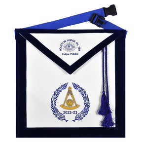 Grand Past Master Blue Lodge California Regulation Apron - Blue Velvet With Hand Threaded Silk - Bricks Masons