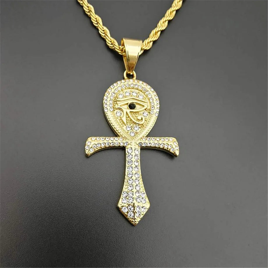 Ancient Egypt Necklace - Egyptian Ankh Cross  Gold Color Stainless Steel - Bricks Masons