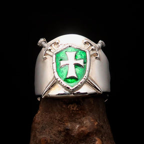 Knights Templar Commandery Ring - Green Templar Shield Cross Sterling Silver