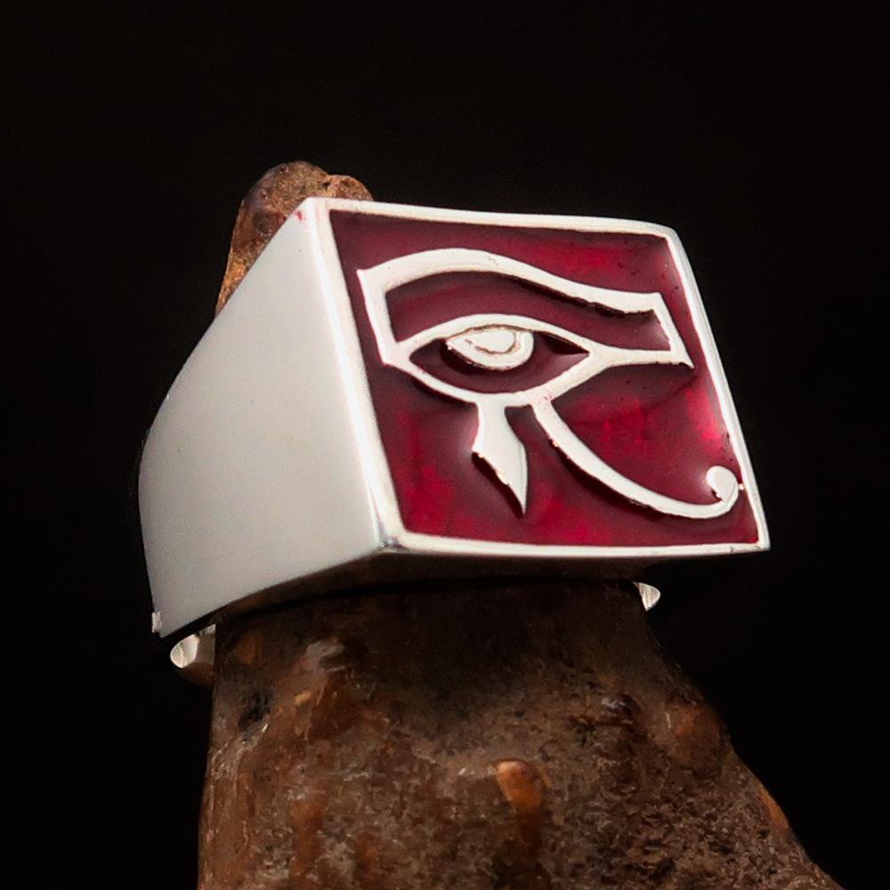 Ancient Egypt Keychain - Red Squared Eye of Horus Sterling Silver