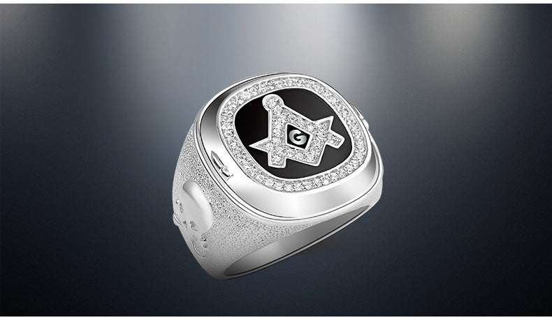 Master Mason Blue Lodge Ring - Silver & Black Rhinestones Square & Compass G - Bricks Masons