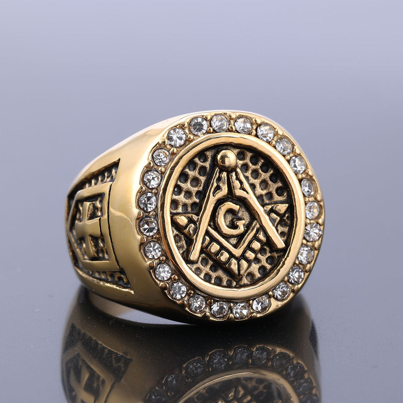 Master Mason Blue Lodge Ring - Black and Gold Zirconia Square & Compass G - Bricks Masons