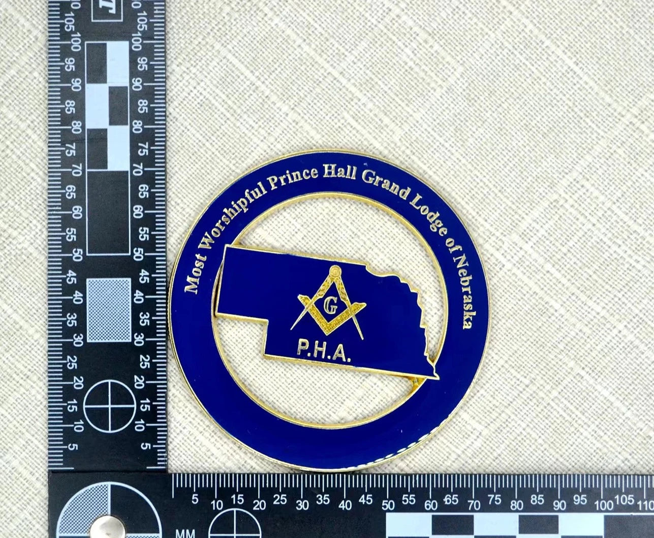 Master Mason Blue Lodge Car Emblem - Most Worshipful PHA Grand Lodge Of Nebraska Blue And Gold Plated Medallion - Bricks Masons