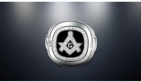 Master Mason Blue Lodge Ring - Silver & Black Rhinestones Square & Compass G - Bricks Masons