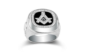 Master Mason Blue Lodge Ring - Silver & Black Rhinestones Square & Compass G - Bricks Masons