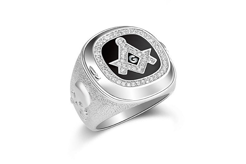 Master Mason Blue Lodge Ring - Silver & Black Rhinestones Square & Compass G - Bricks Masons