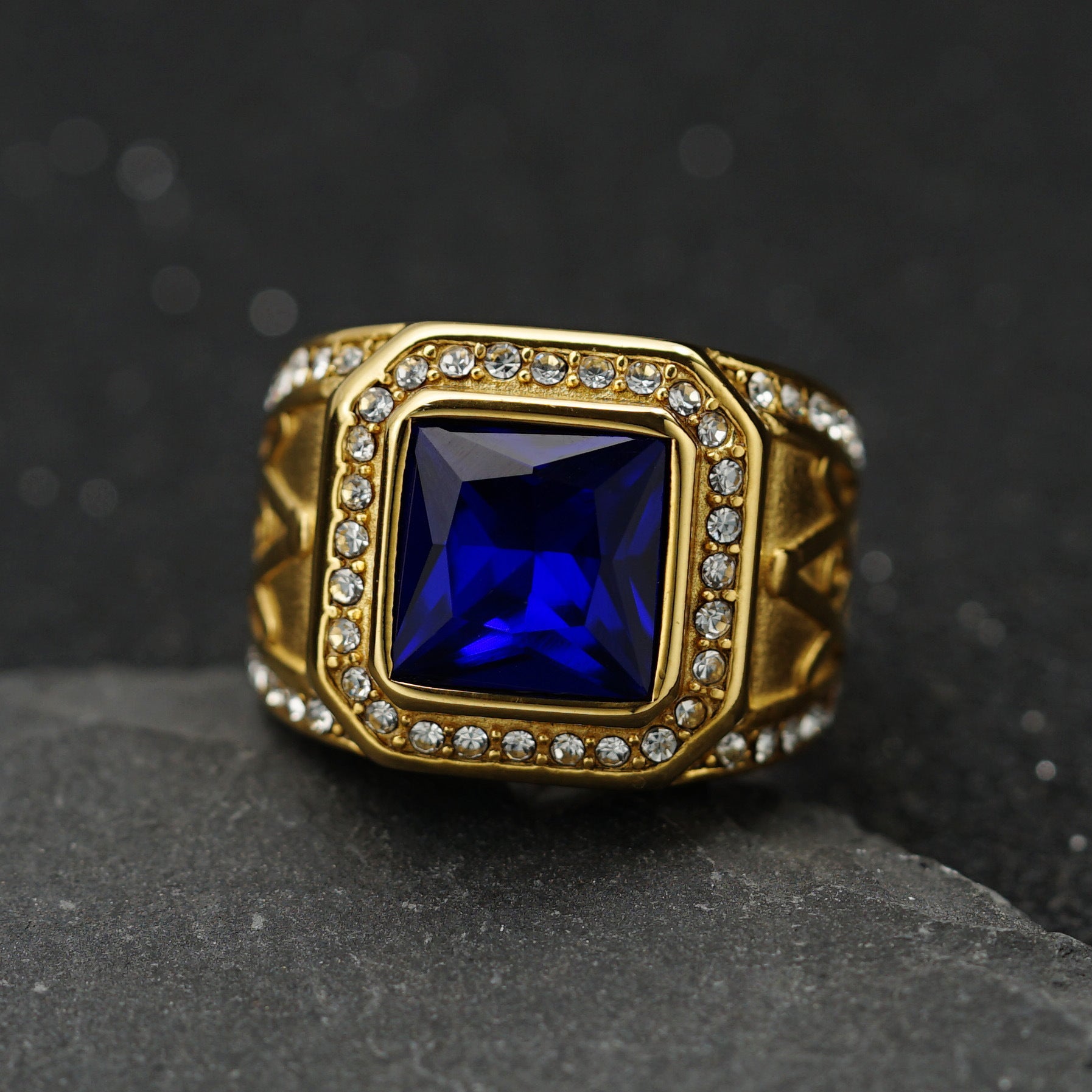 Master Mason Blue Lodge Ring - Gold Stainless Steel With Blue Gemstone - Bricks Masons