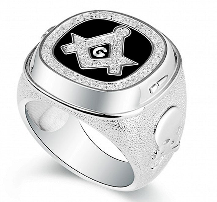 Master Mason Blue Lodge Ring - Silver & Black Rhinestones Square & Compass G - Bricks Masons