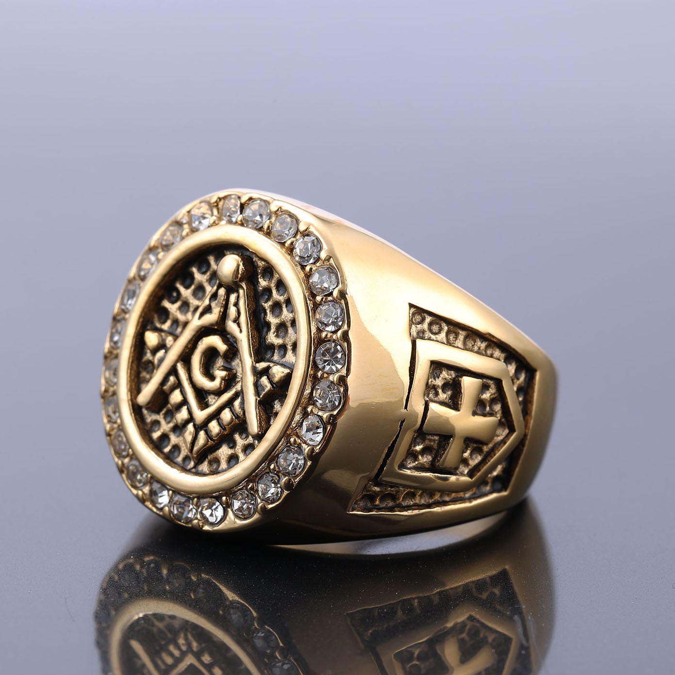 Master Mason Blue Lodge Ring - Black and Gold Zirconia Square & Compass G - Bricks Masons