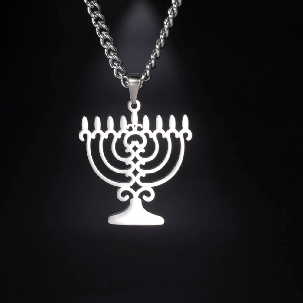 Ancient Israel Necklace - Triangle Menorah Pendant Necklace Stainless Steel - Bricks Masons