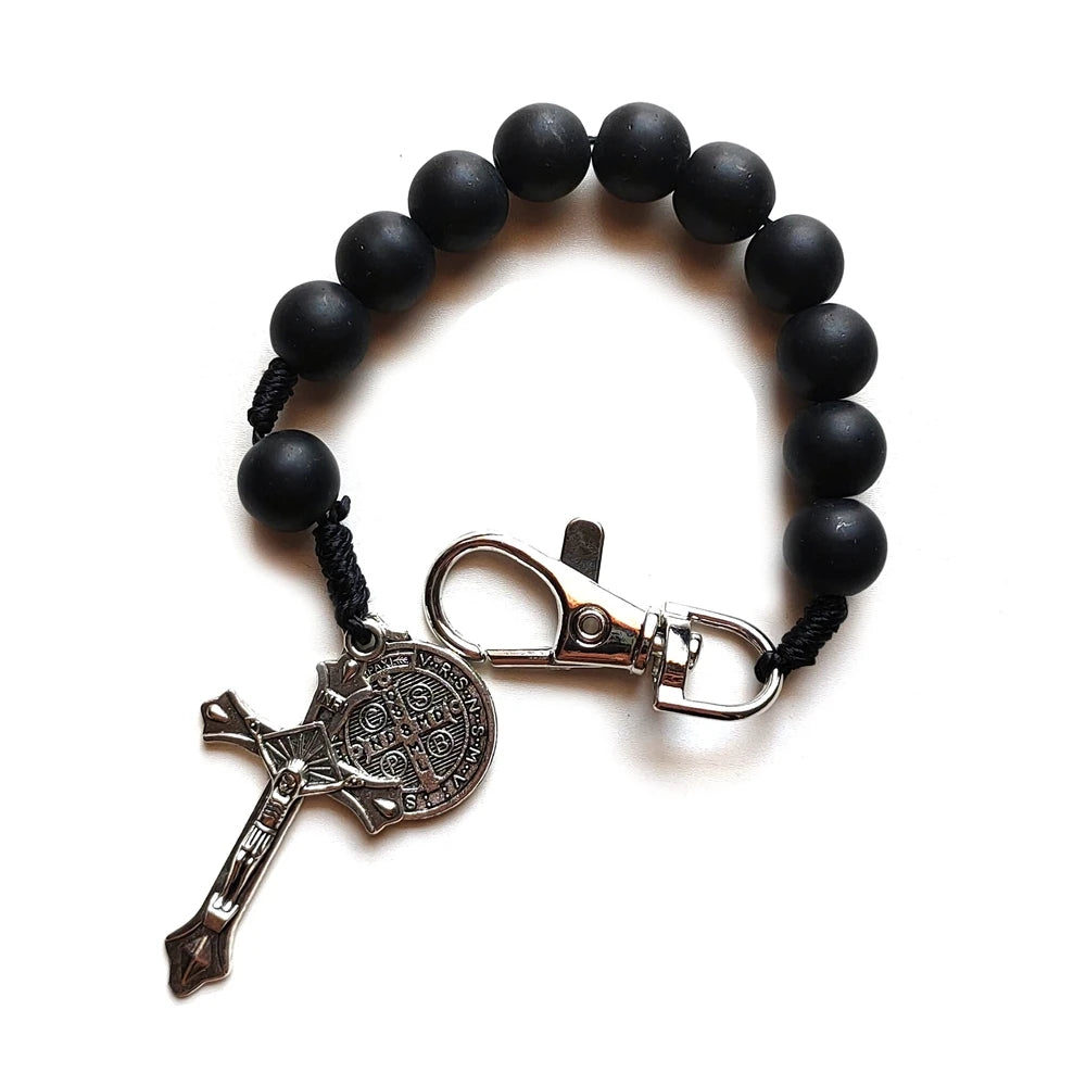 Knights Templar Bracelet - Saint Benedict Black Glass Beads - Bricks Masons