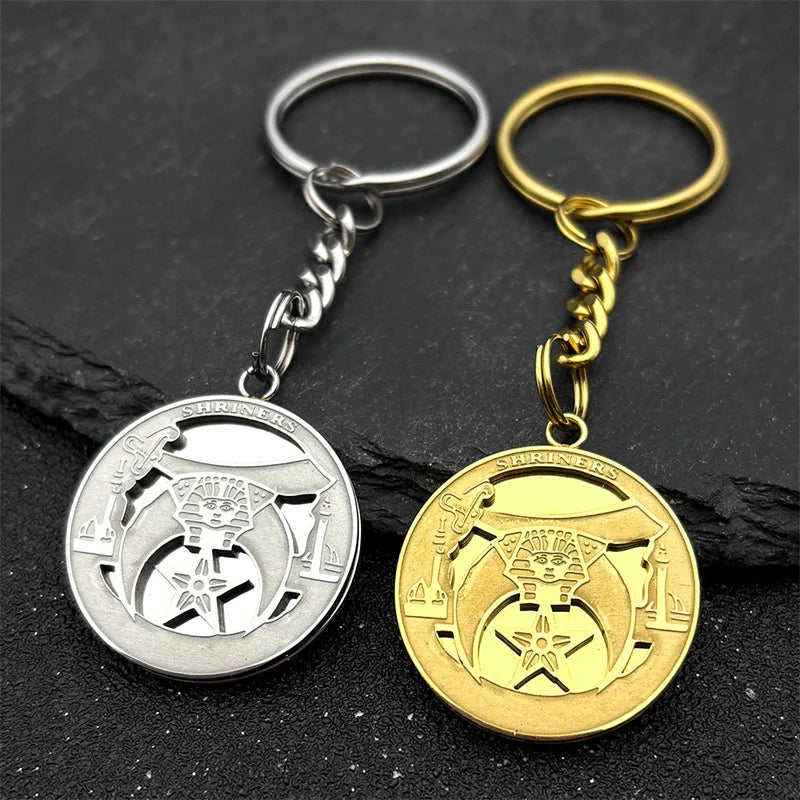 Shriners Keychain - Metal Keyring Stainless Steel Gold Color - Bricks Masons