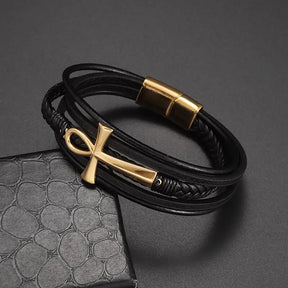 Ancient Egyptian Bracelet - Ankh Cross Braided Leather Bangles Magnetic Buckle - Bricks Masons