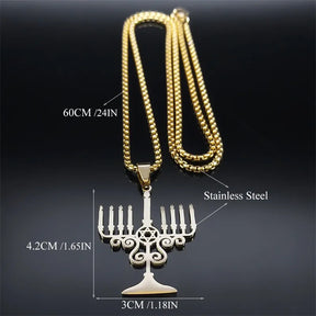 Ancient Israel Necklace - Judaica Israel Lamp Hanukkah Menorah Stainless Steel - Bricks Masons