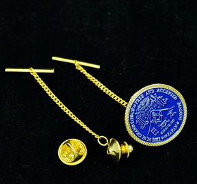 Master Mason Blue Lodge Lapel Pin - Gold & Blue Japan Shrine Torii with Tassel Butterfly Clasp - Bricks Masons