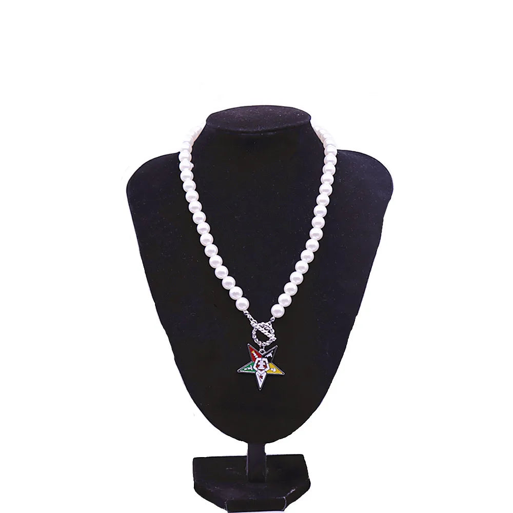 OES Necklace - White Beads With Star Charm - Bricks Masons