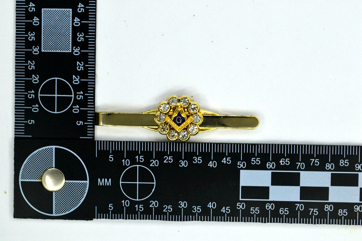 Master Mason Blue Lodge Tie Bar - Gold Plated Rhinestone Square And Compass G