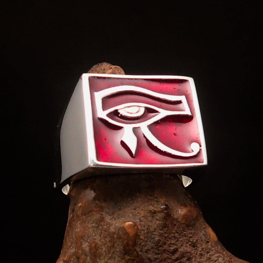 Ancient Egypt Keychain - Red Squared Eye of Horus Sterling Silver - Bricks Masons