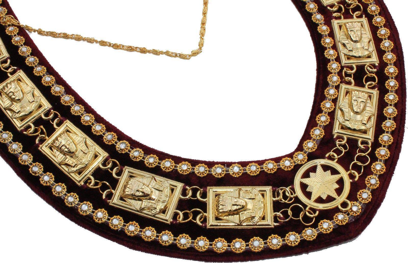 Daughters of Sphinx Chain Collar - Gold Plated on Maroon Velvet - Bricks Masons
