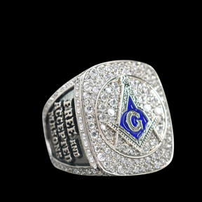 Master Mason Blue Lodge Ring - White Gold Plated With Rhinestones - Bricks Masons
