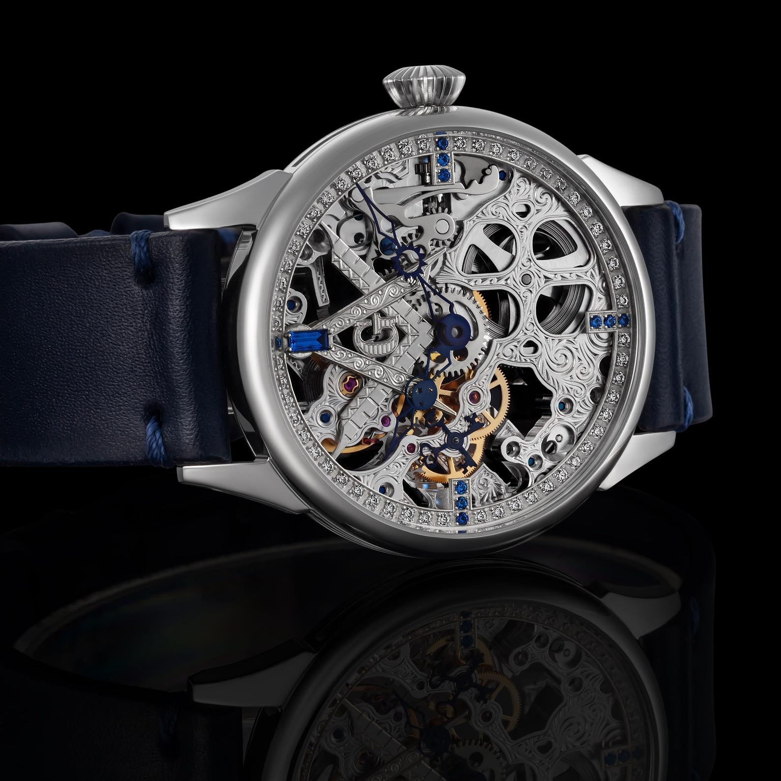 Master Mason Blue Lodge Wristwatch - Silver Skeleton With Stones - Bricks Masons