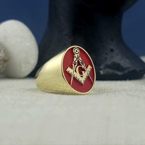 Master Mason Blue Lodge Ring - Red With Gold Square & Compass G - Bricks Masons
