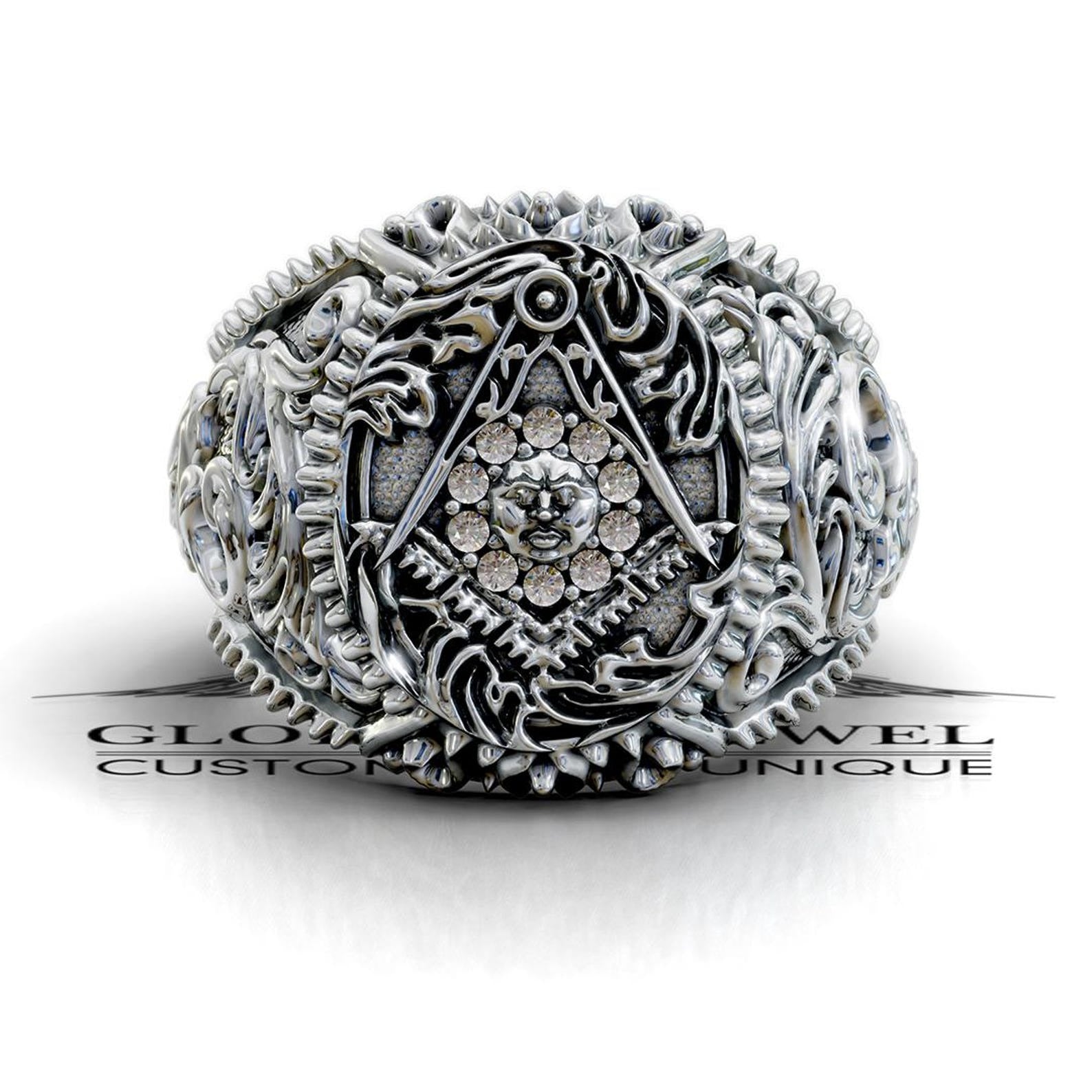 Master Mason Blue Lodge Ring - Square & Compass With Sun & Stones - Bricks Masons
