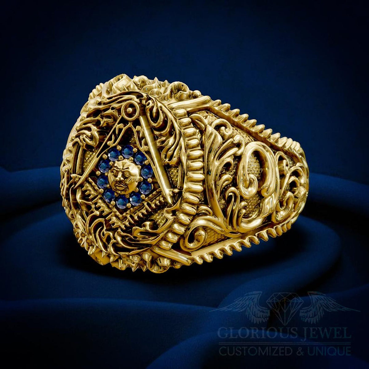 Master Mason Blue Lodge Ring - Square & Compass With Sun & Stones - Bricks Masons