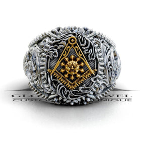 Master Mason Blue Lodge Ring - Square & Compass With Sun Various Materials - Bricks Masons