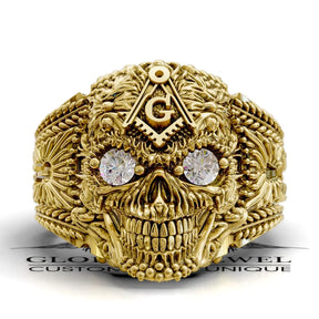 Master Mason Blue Lodge Ring - Skull With Stones S & C - Bricks Masons