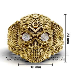 Master Mason Blue Lodge Ring - Skull With Stones S & C - Bricks Masons