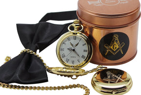 Master Mason Blue Lodge Pocket Watch - Engraved 24k Gold Clad Full Hunter Emblem - Bricks Masons