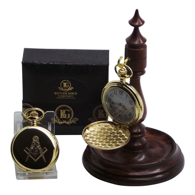 Master Mason Blue Lodge Pocket Watch - Gold and Luxury High Quality Wooden Display Stand Holder Gift Set - Bricks Masons