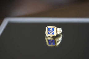 Master Mason Blue Lodge Ring - Solid Gold & Blue Enamel Swivel - Bricks Masons