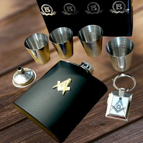 Master Mason Blue Lodge Flask - 7 Piece Luxury Gift Set with Gold Emblem - Bricks Masons