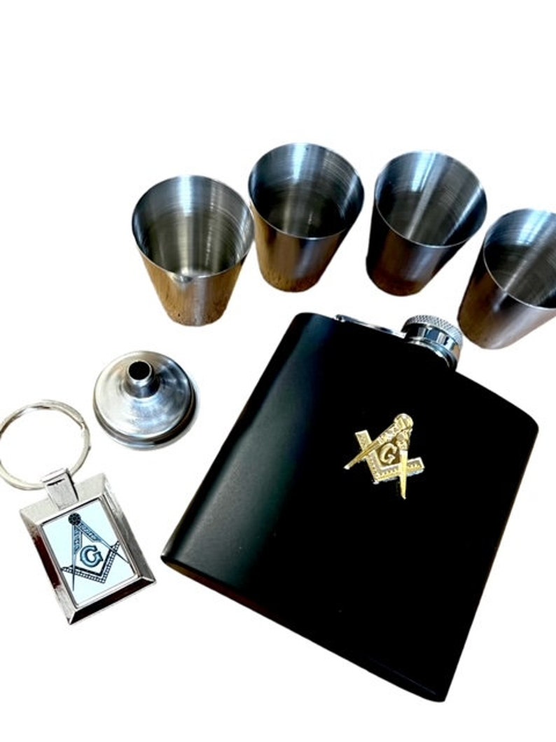 Master Mason Blue Lodge Flask - 7 Piece Luxury Gift Set with Gold Emblem - Bricks Masons