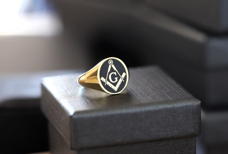 Master Mason Blue Lodge Ring - Gold With Black Enamel 9K to 18k Solid Gold - Bricks Masons
