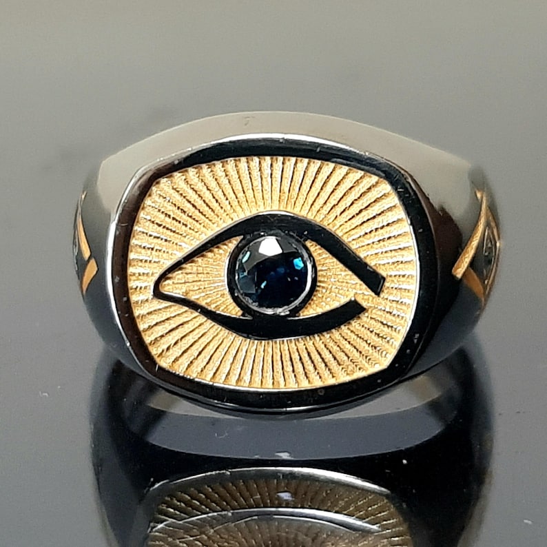 Eye of providence Ring - Sapphire Eye Square & Compass Sterling Silver-Sterling silver ring - Bricks Masons