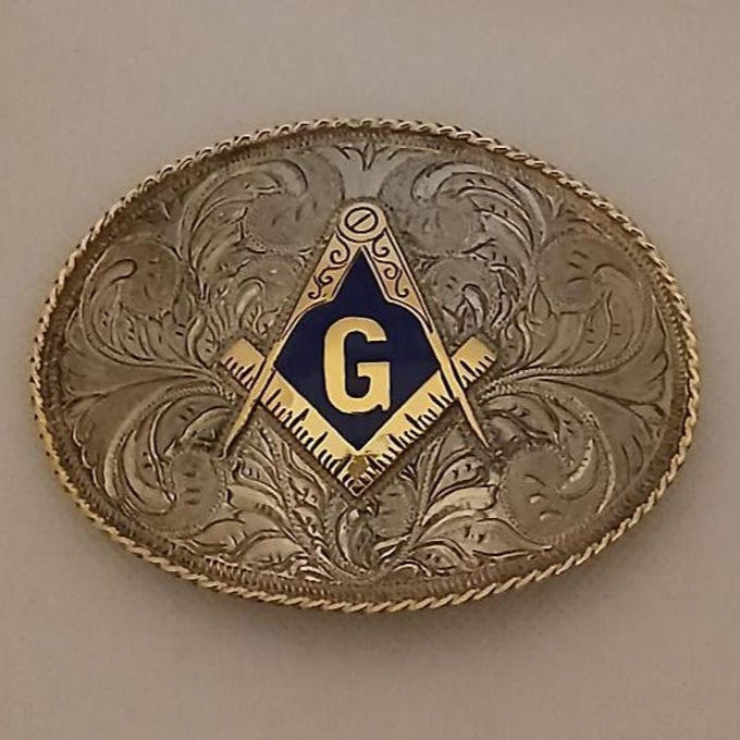 Master Mason Blue Lodge Belt Buckle - Blue & Silver Square Compass G Hand Engraved - Bricks Masons