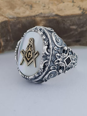 Master Mason Blue Lodge Ring - Handmade Sterling Silver Mother of Pearl - Bricks Masons