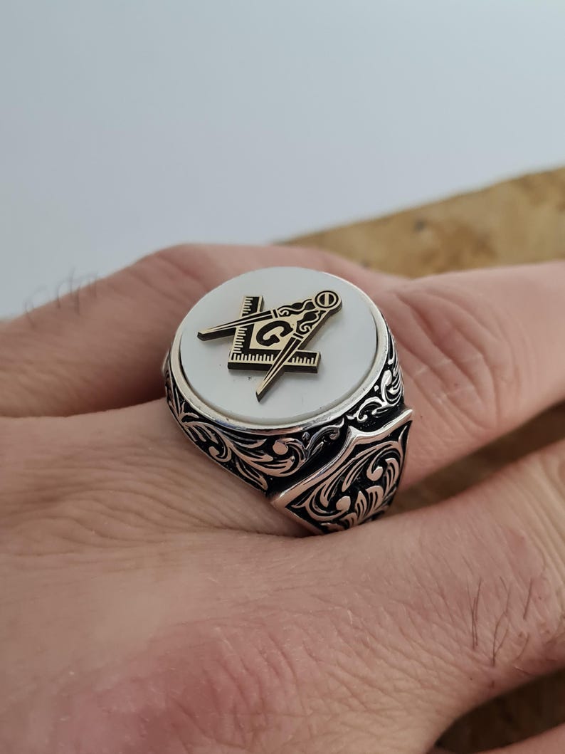 Master Mason Blue Lodge Ring - Handmade Sterling Silver Mother of Pearl - Bricks Masons